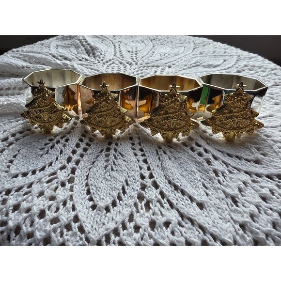 Set Of 4 Silver & Gold Christmas Tree Napkin Rings Octagonal Design - Picture 7 of 7